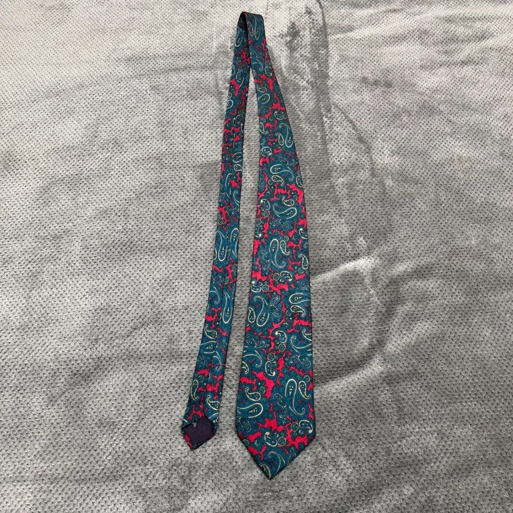 Dillards by Stonehenge Mens Silk Tie Red Teal Gold Paisley Hand Sewn Necktie